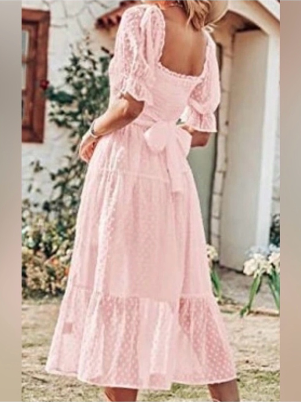 Light Pink Puff-Sleeve Midi Dress